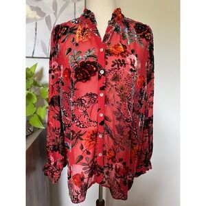 John Mark Top Womens Medium Red Floral Sheer Velvet Burnout Tunic Boho Romantic